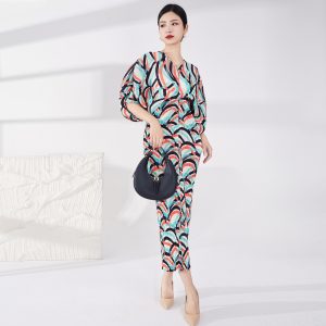 Contrast Color Pleatd Dress Print V Neck Batwing Sleeve Evening Dresses For Women Spring New Elegant Clothing