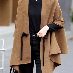 [sbrand] Solid Batwing Sleeve Women’s Woolen Coat V-Neck Loose Lace-Up Elegant Winter Overcoat