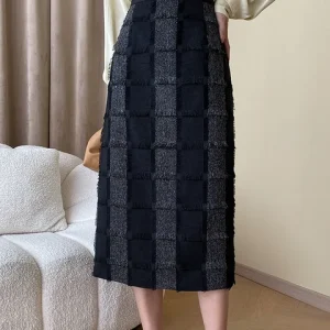 [sbrand] Color Block Split Straight Women’s Midi Skirt Elastic Waist Office Casual Skir