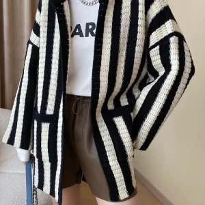 [sbrand] Striped Hooded Knit Cardigan for Women Contrast Color Loose Winter Sweater Coat