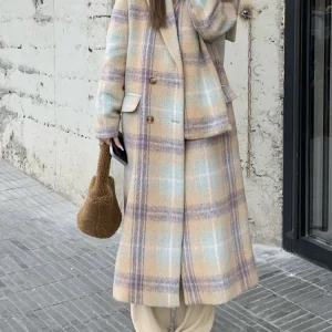 [sbrand] Plaid Spliced Double-Breasted Women’s Woolen Coat Loose Elegant Long Sleeve Overcoat