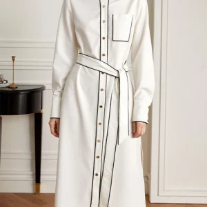 [sbrand] Lapel Belted Shirt Dress for Women Long Sleeve Single-Breasted Elegant Office Dress