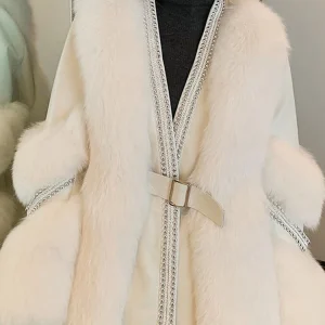 [sbrand] Solid Faux Fur Belted Women’s Coat V-Neck Long Sleeve Elegant Winter Overcoat