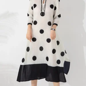 Pleated Dot Print Dress Women Round Collar A Line Patchwork Pullover Holiday Clothing Autumn Fashion New