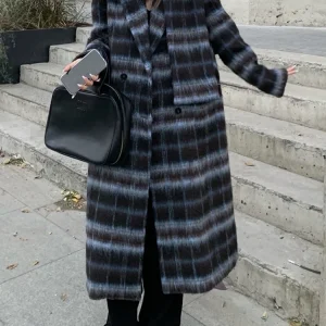 [sbrand] Plaid Spliced Double-Breasted Woolen Coat for Women Elegant Lapel Long Sleeve Overcoa