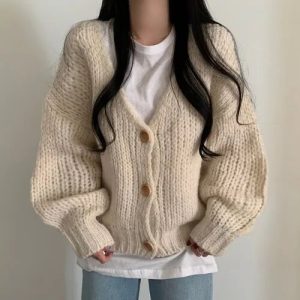 [sbrand] Solid V-Neck Knit Cardigan for Women Long Sleeve Loose Single-Breasted Sweater